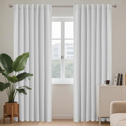 Joydeco Rideau Occultant Thermique Gris Blanc 140x200cm, Rideaux Thermiques Isolants Anti Foid et Chaleur Anti Bruit Anti UV à Pattes Cachées et Passe Tringle pour Salon Chambre Balcon - 2 Pièces