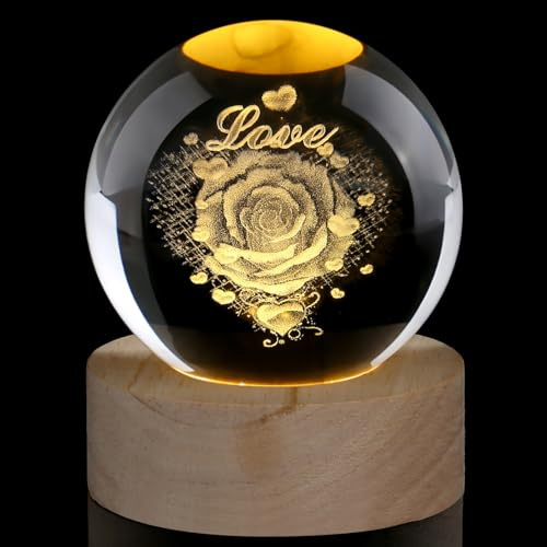 AWARDSEN Bola de cristal de 60 mm, diseño de rosa, pisapapeles de cristal, bola de cristal, corazón, regalo para pareja, regalo de aniversario para ella