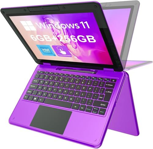 AWOW Wi 11 Touchscreen Laptop, 2 in 1 11.6 FHD 4 Core Celeron N3450 Processor 8GB RAM 256GB M.2 SSD Storage Kids Convertible Laptop (Lila, QWERTY)