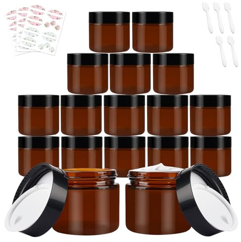 Glass Cosmetic Storage Jars, 15 Pack 60 ml Amber Glass Jars with Tight-Seal Lids & Inner Liner for Lotion, Face Cream,DIY Candle, Essential Oils, etc