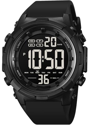 XCZAP Men's Digital Sports Watch Waterproof LED Backlight Chronograph Stopwatch Alarm Military Multifunction Wristwatch for Students Teens (Black)