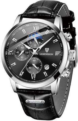 LIGE Reloj Hombre, Correa de Cuero Relojes Hombre, Cronógrafo de Cuarzo, Resistente al Agua 3 ATM, Función de Calendario, Estilo Casual y Minimalista para Negocios, Negro