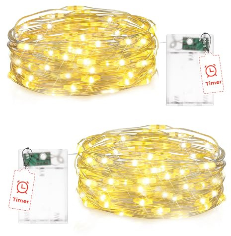 2 Pezzi Stringa Luci Led a Batteria con Timer, 2M 20 LED Rame filo Catene Luminose Lucine Natale Impermeabile, per Interni e Esterni, Feste, Giardino, Halloween, Natale Decorative(Bianco Caldo)