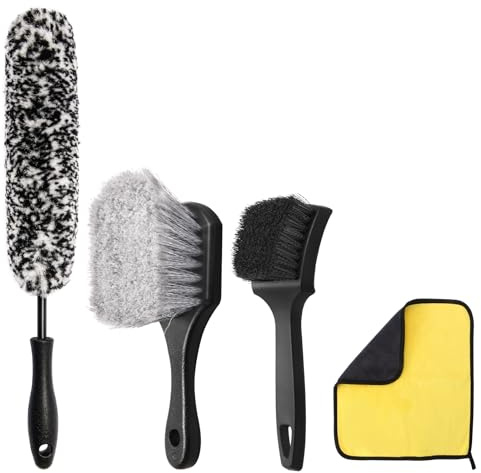 Wuqazu 4PCS Compact Wheel & Tire Cleaning Kit - 360° Flexible Synthetic Wool Rim Brush, 2 Dual-Bristle Brushes & Microfiber Towel | Scratch-Free for All Vehicles