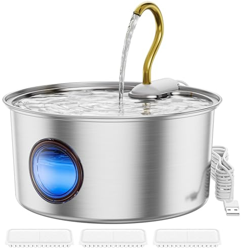 Kittyspout Kattfontän 3,2L i Rostfritt Stål – Svanhalsdesign, Ultratysta Pump, Diskmaskinssäker, BPA-Fri, Visningsfönster, Inkl. 3 Ersättningsfilter, för Flera Husdjur