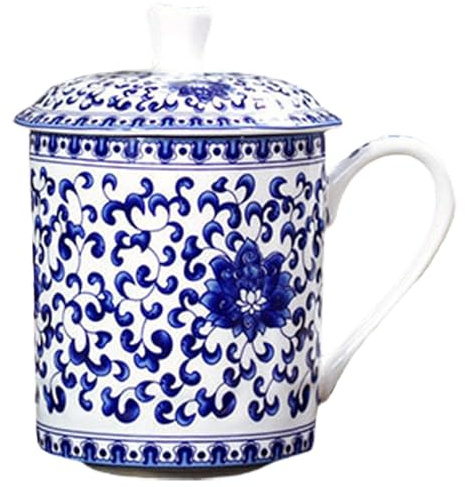 AwnsIMfreien Keramisk mugg med lock, kinesiska tekoppar, 500 ml stor kapacitet keramisk blå och vit elegant tekopp med lock och handtag för lösblad hemma kontor