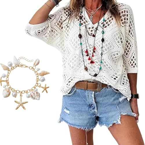 Tops d'été en Crochet pour Femme, Style bohème, col V, Manches Courtes, Maille, Cache-Maillot, Pull léger