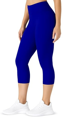 SATINA High Waisted Capri Leggings for Women, 3 Waistband, Tummy Control, Soft Stretchy Yoga Workout Crop Pants, Royal Blue, One Size