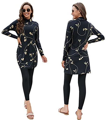 Odizli Mujer Musulmán Traje de Baño Burkini Manga Larga Natación Parte Superior Built in Bra+Bañador 2 Piezas Cubierta Completa Modest Traje de Baño, 4#negro, XL
