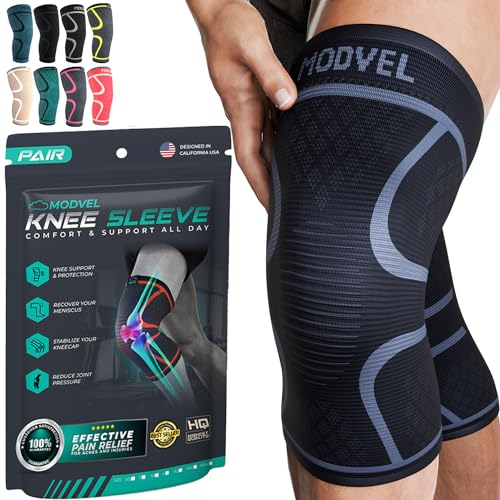 MODVEL Knee Support Compression Sleeve Women & Men - 2 Pack, Running Knee Brace, ACL & Arthritis Pain Relief, Joint Pain, Meniscus Tear, & Every day use (L)