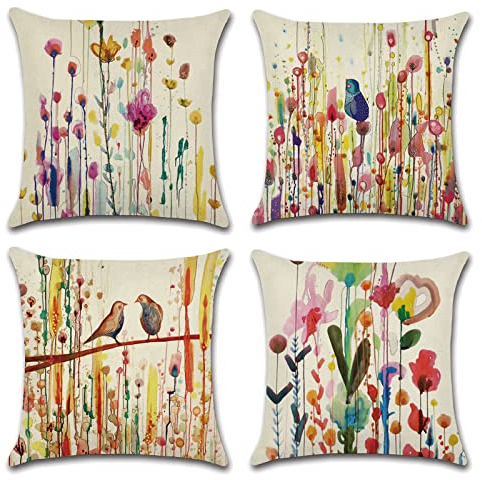 OCEUMACO Leinen Kissenbezug 40x40 Abstrakt Muster Kissenhülle 4er Set Quadratisch Sofakissen Dekokissen Bezug für Couch Sofa Vogel Bunt Kissen Kissenbezüge Outdoor Deko Couchkissen Zierkissen