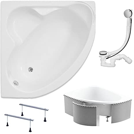 KOLMAN Badewanne STANDARD Eckbadewanne 130x130 mit Styroporverkleidung, Ablaufgarnitur und Füßen Komplettset 4in1 Premium Original Acryl Wanne Siphon