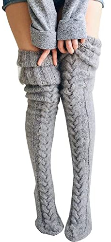 Edhomenn Women's Thigh High Socks Over the Knee Stockings Cable Knit Boot Socks Long Winter Leg Warmers (Aa-Grey, One Size)