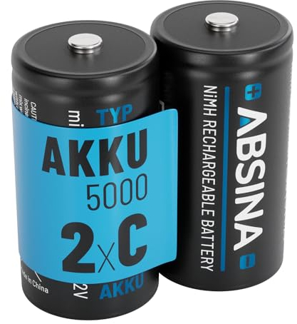 ABSINA 2X Baterías Recargables C Baby LR14 5000 con Baja Autodescarga - Pilas C NiMH con 1,2V y al Menos 4500mAh - Pila Recargable Baby C, batería Tipo C, batería Type C
