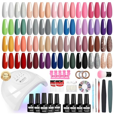 VANREESA 60 PCS Gel Nail Kit with 48W U V Lamp 36 Colours All Seasons Gel Nail Polish Set with Lamp Starter Kit Pink Red Brown Gels Polish Set with Base and Top Coat Manicure Salon Gifts for Women