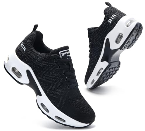 Running Shoes for Women Air Cushion Memory Foam Trainers Ladies Arch Support Lace Up Plantar Fasciitis Orthopedic Shoes Gym Sneakers Black White UK 7