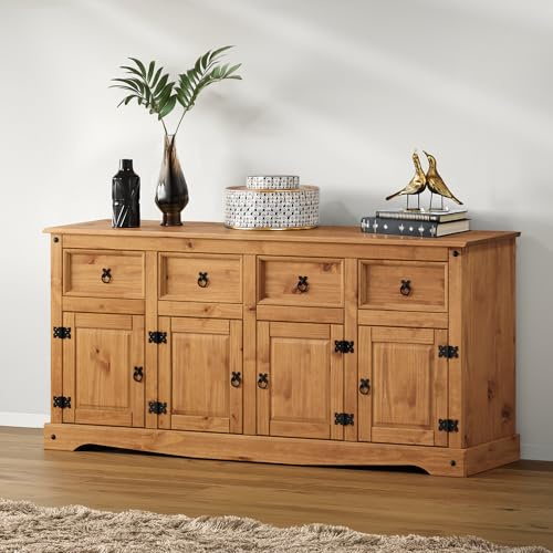 Corona Sideboard 4 Door 4 Drawer Large Solid Wood Pine Wooden Mexican Style Rustic Cabinet Dresser Living Dining Room Kitchen Hallway 76cm High. 164cm Wide. 40cm Deep.
