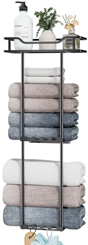 HapiRm Towel Rack Wall Mounted-3 Tier Bathroom Towel Storage with Storage Basket，Stainless Steel Bathroom Towel Holder with 6 Hooks & Shelf, wall rack for Bathroom Storage & Organisation