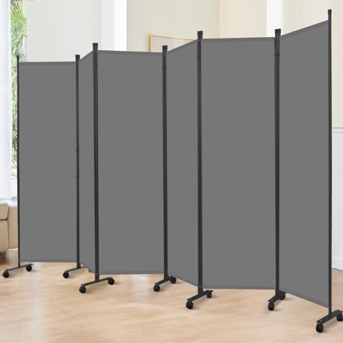 Room Divider 6FT Room Partition with Lockable Wheels, (Thicked Metal Base) Room Dividers, Freestanding Indoor Folding Privacy Screens, Portable Fabric Wall Divider for (Grey, 132- 6 Panel)