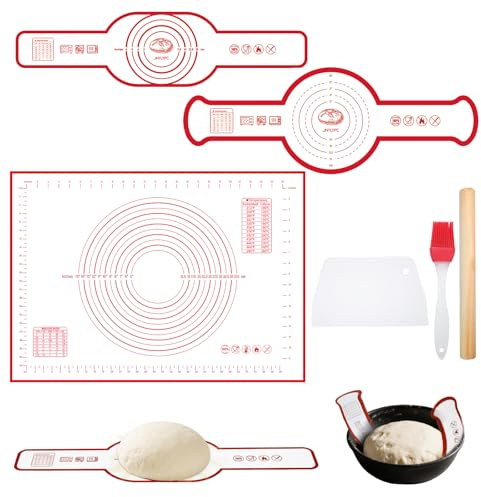 JNYLYFC 2 Pcs Silicone Bread Sling for Dutch Oven, 70x 50 cm Large Non-Slip Pastry Baking Mat with Measurement, Reusable Dough Rolling Kneading Mat Set with Dough Scraper, Rolling Pin & Pastry Brushe