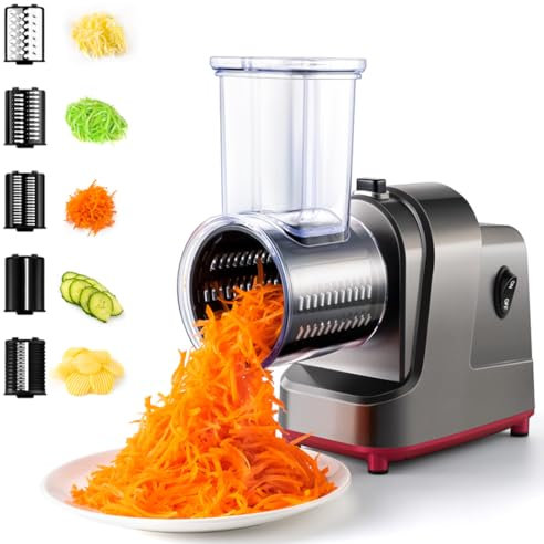 5 en 1 Râpe a Légumes Électrique, Coupe-légumes électrique 250W, Hachoir Électrique & Trancheuse de Légumes & Râpe à Fromage, pour Fromage, Carottes, Pommes de Terre, Concombres (A)