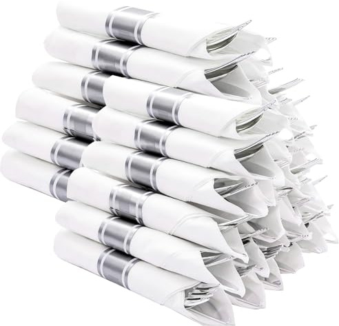 N9R 120 Pack Pre Rolled Silver Plastic Silverware Set, Wrapped Silverware Set Disposable with 120 Forks, 120 Knives, 120 Spoons, 120 Napkins, Disposable Cutlery Set for Party and Wedding