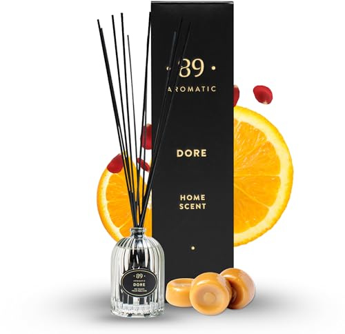 Rumdoft diffusor med 7 doftpinnar – premium luftrenande doft karamell, orange och ros – aromdiffusor för badrum, vardagsrum, kontor och hem – elegant dekoration och presentidé