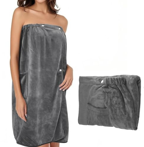 VIBINHO Toalla de Sauna para Mujer 140x80cm, Albornoz de Baño de Microfibra Ajustable con Botones y Bolsillo, Absorbente y Secado Rápido para SPA, Playa, Piscina, Gris