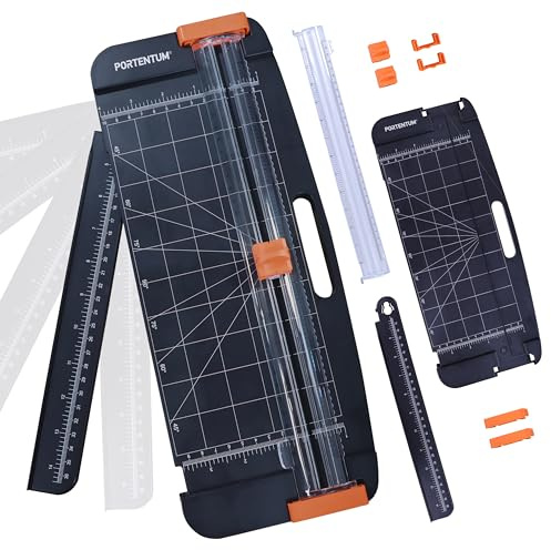PORTENTUM Papierschneider A4 mit Rillfunktion und abnehmbarem Lineal – Schneidemaschine Papier mit verstellbarem Anschlag und Diagonalschnitt – Papierschneidemaschine für Basteln und Büro – 12 Blatt