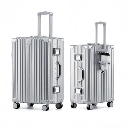 yuweijie Alu-Rahmen Handgepäck Koffer mit 4 Rollen · Hartschalen in 100% PC mit Getränkehalter · Reisekoffer TSA Schloss · Trolley für Geschäftsreisen · Silber · S-55cm