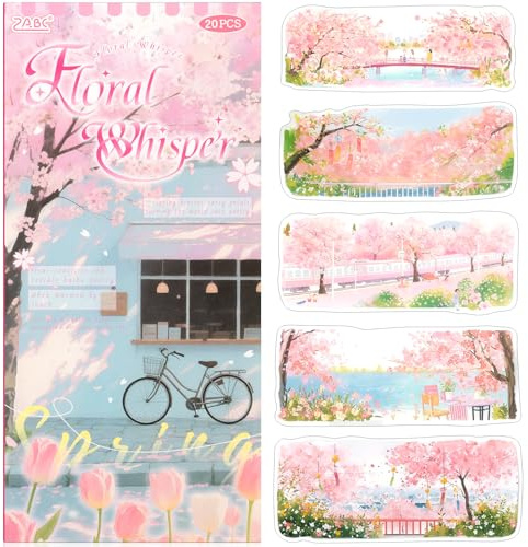 Sakura Series Sticker Scrapbooking Supplies for Junk Journal, 10 Sheets PET Stickers and 10 Sheets Washi Stickers