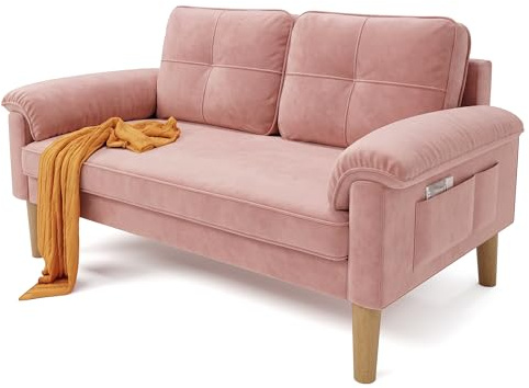 Xbro 2-sits soffa, kompakt tygsoffa med armstöd och sidoficka, soffa för vardagsrum och lägenhet, 144 x 77 x 77 cm, Rosa