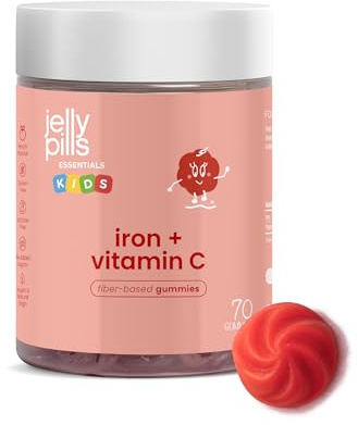 Jelly Pills Iron Gummies for Kids 14 mg + Vitamin C 15 mg - 60 Gummies 2-Month Course - Sugar Free - Peach Flavour - Cognitive Development, Energy & Blood Formation Support