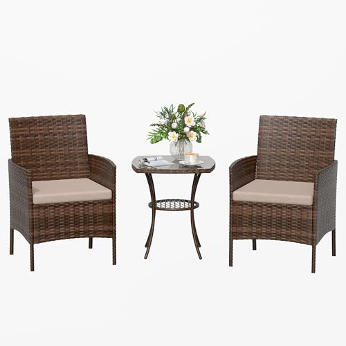 Amopatio Ensemble de Meubles de Jardin en rotin 3 pièces - Petit Salon de Jardin extérieur résistant aux intempéries - Table de bistrot avec 2 chaises - Meubles de terrasse pour terrasse, Marron