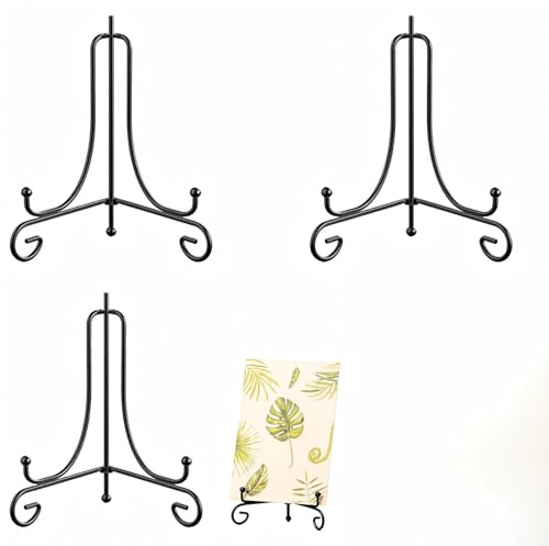 HUILLIGHT Supporto Cavalletto Decorativo in Ferro Nero 3 Pezzi 4 Pollici Espositore Regolabile per Piatti Cornici Foto Stand Pieghevole Salvaspazio