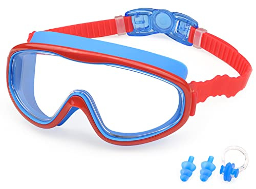 KAILIMENG Kids Swim Goggles, Clear Wide View No-Leak Anti-Fog UV Protection Swimming Glasses with Nose Clip Earplugs for Toddlers Youth Child 3-15 Years Old (Red Blue)