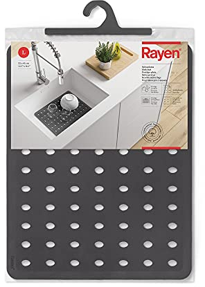 Rayen 32 x 41 cm Tappeto Protettivo per lavello | Protegge Le stoviglie | Fori di drenaggio | Proteggere Il lavandino | Ante-Slip, Gomma, Grigio