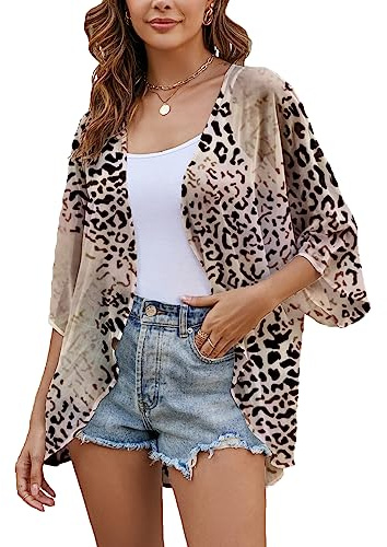 Heynino Womens Chiffon Kimono Cardigans Open Front Floral Print Beach Cover up Capes Sheer Loose Blouse Tops