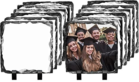 PYD Life 12 Pack Sublimation Photo Slates Rock Blanks 5.5 x 5.5 Inch Bulk Square Stone Frame White with Display Holder for Heat Transfer Printing