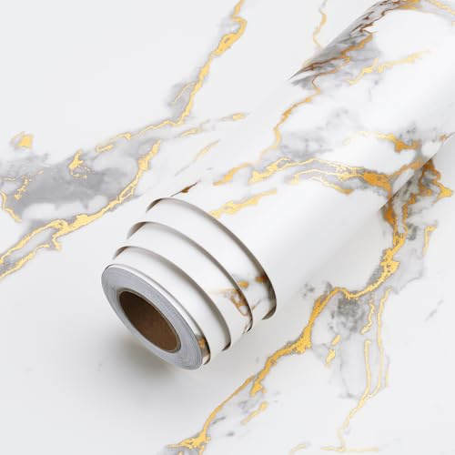 LACHEERY Thick White Marble Contact Paper for Countertops Waterproof Contact Paper Peel and Stick for Cabinets Removable Matte Gold Grey White Marble Wallpaper for Kitchen Bathroom Counter 15.8x80