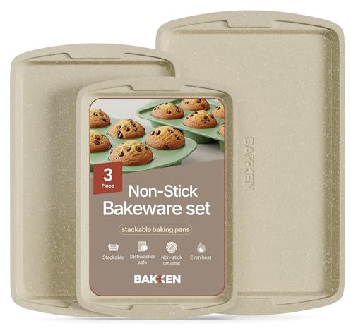 Bakken- Swiss Cookie Sheet 3 Piece Set - Non-Stick, Stackable Baking Pans, White Marble Deluxe Ceramic Coating – Dishwasher Safe - for Home Baking