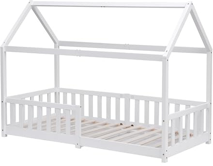 Kingwudo® White and Natural Pine Wood Bed Frame Kids Bed Scandinavian House Style for Girls or Boys Standard Single Bed Frame for Bedroom Furniture, Mattress (WITHOUT) 90x190 cm (White)