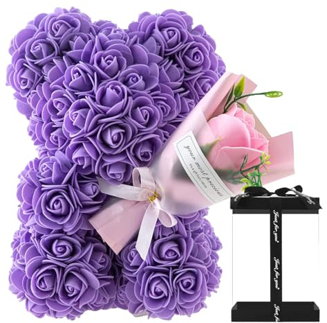 Oso De Rosas - Oso De Flores Artificiales | Oso De Rosas Con Caja | Oso De Peluche De Rosas | Regalos Para Mujer | Regalos Para Cumpleaños/San Valentín/Bodas/Día La Madre/Aniversarios, (24x16 CM)