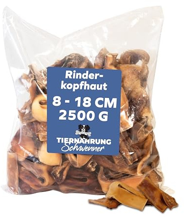 Tiernahrung Schwenner - Peau de tête de bœuf courte séchée pour chiens - Pack de conservation - Snacks pour chien - Soin dentaire pour chien - 2500 g 8-18 cm