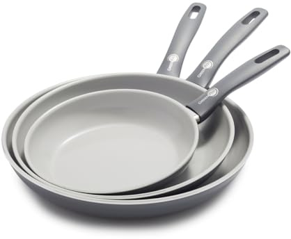 GreenPan Dover 8” 10” and 12” 3 Piece Frying Pan Skillet Set, Non-Toxic PFAS-Free Ceramic Nonstick Coating, Sear Saute Fry Egg Omlete, Dishwasher & Oven Safe, Stay Cool Handle, Easy Pour Rims, Gray