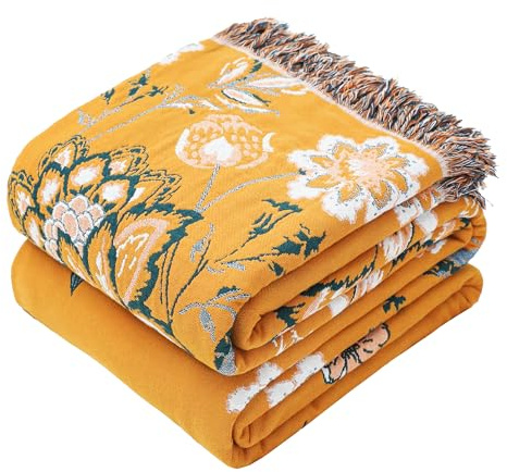 VANJOROY Manta Bohemia Grande para Sofá Cama, 100% Algodón Orgánico Suave de Doble Cara Boho para Sofás de 2 3 Plazas Sillones Sofás y Colcha.150x200cm-Amarillo