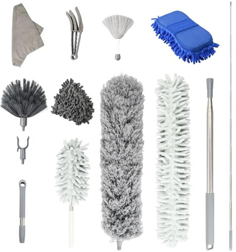 Zimoer Juego de 13 Plumero Telescopico Extensible Microfibra, Plumero con Palo Telescopico Limpieza, Plumero de Techo con Barra, Plumero Escoba de Esquina, Plumero Atrapapolvo para Techo Persianas