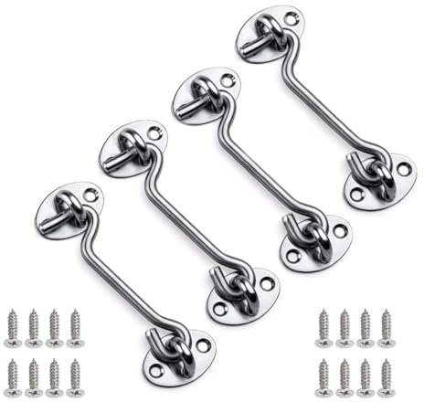 Mgoodoo Storm Hook with Eyelet, Cabin Hook, Stainless Steel, Door Hook, Silver Window Hook, Storm Hook for Swing Door, Wood, Shutters, Wood, Barn Door, Garden Gate, Latch with 16 Screws, 100 mm, Pack