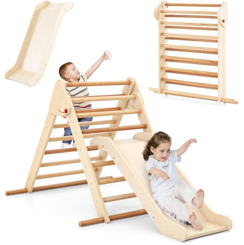 GOPLUS Triangle d'escalade Montessori pour Enfants avec Toboggan,Parcours Escalade Bois Pliable avec Rampe,Intérieur pour Garçons & Filles de 1+ Ans,Charge 50 KG (Naturel,Pliable)