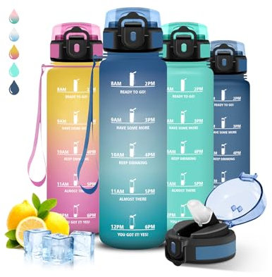 Gourde 1l Sport, Anti Fuite, Bouteille Graduée pour 1 Journee, Facile à Nettoyer, Randonnée, Réutilisable, Bouteille Adulte avec Slogan de Motivation, pour Aptitude, Camping, Yoga, Voyages